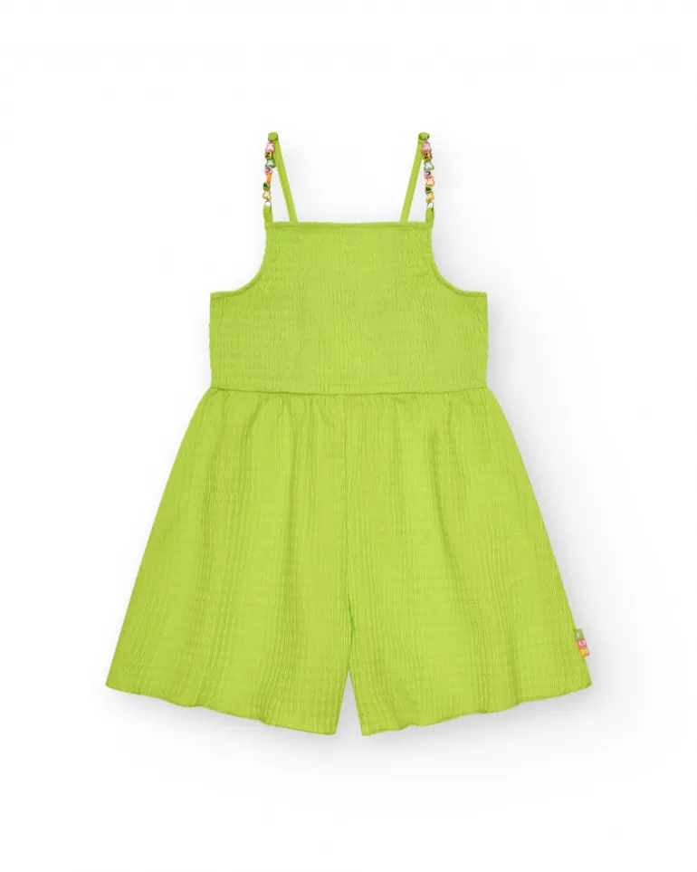 Mono para niña en verde con tirantes y detalles multicolor