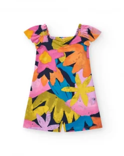 Mono para niña multicolor con manga abullonadas y escote fruncido