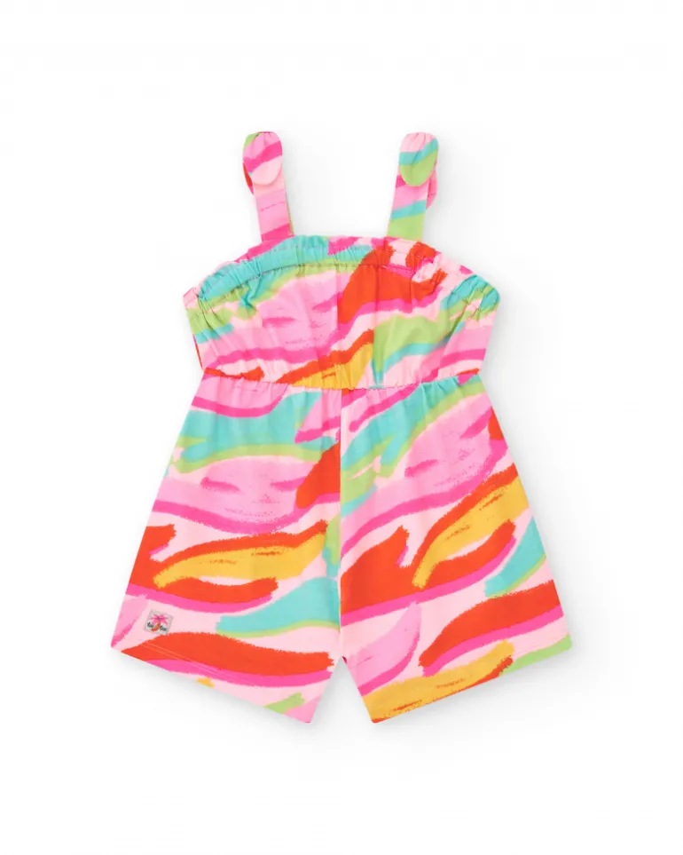 Mono rosa para niña con estampado tropical y cintura elástica