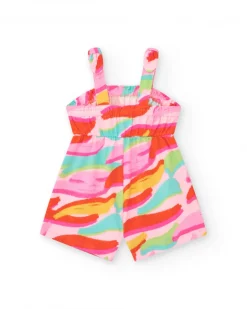 Mono rosa para niña con estampado tropical y cintura elástica