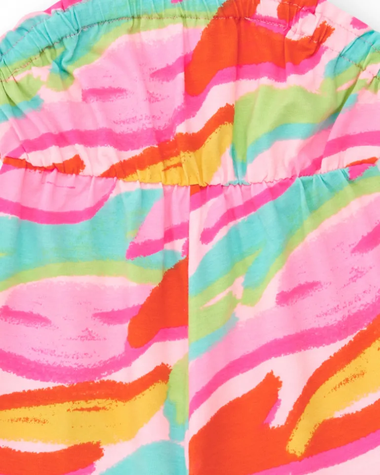 Mono rosa para niña con estampado tropical y cintura elástica