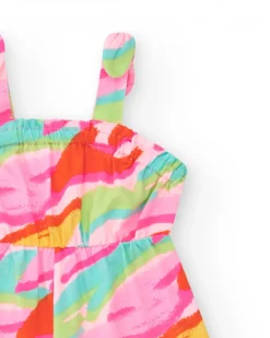 Mono rosa para niña con estampado tropical y cintura elástica