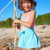 Pantalón corto azul para niña con cintura elástica y lazo