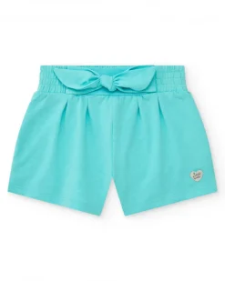 Pantalón corto azul para niña con cintura elástica y lazo