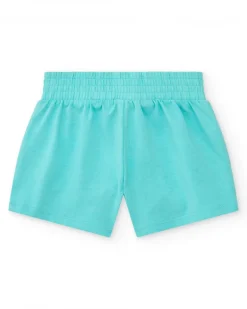 Pantalón corto azul para niña con cintura elástica y lazo