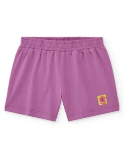 Pantalón corto lila para niña con cintura elástica y bordado floral
