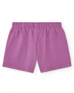 Pantalón corto lila para niña con cintura elástica y bordado floral