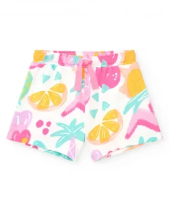 Pantalón corto multicolor para niña con frutas tropicales y cintura ajustable
