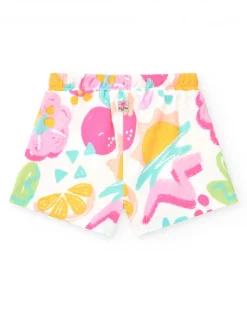 Pantalón corto multicolor para niña con frutas tropicales y cintura ajustable