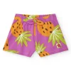 Pantalón corto tropical para niña en morado y naranja con frutas
