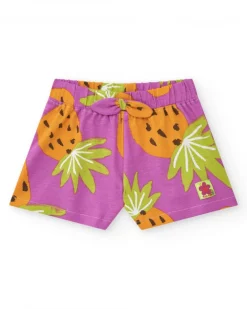 Pantalón corto tropical para niña en morado y naranja con frutas