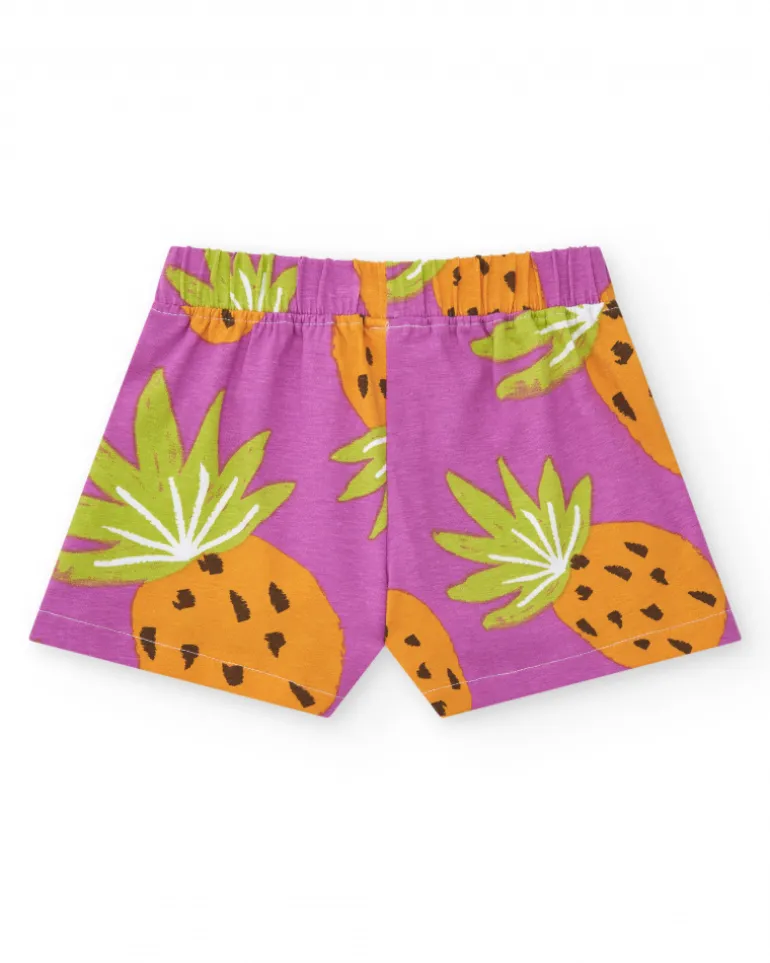 Pantalón corto tropical para niña en morado y naranja con frutas