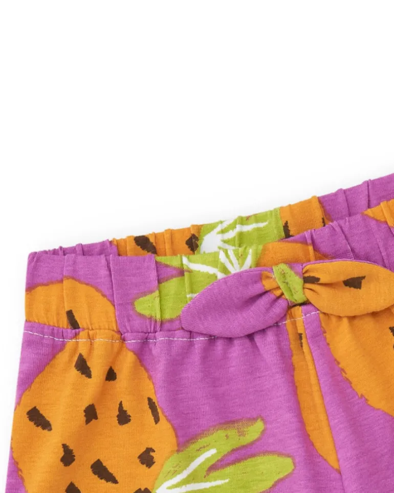 Pantalón corto tropical para niña en morado y naranja con frutas