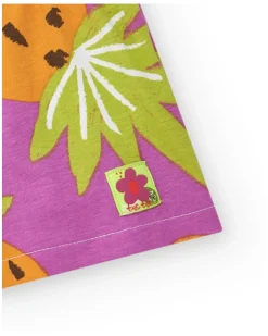 Pantalón corto tropical para niña en morado y naranja con frutas