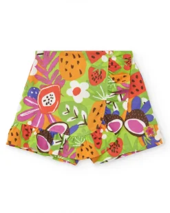 Pantalón corto verde para niña con estampado frutal y volantes