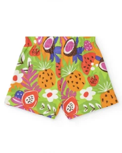 Pantalón corto verde para niña con estampado frutal y volantes