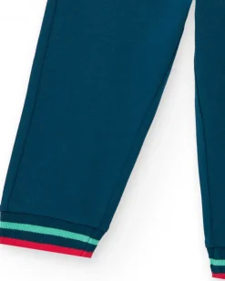 Pantalón de felpa para niño en azul marino con puños a rayas
