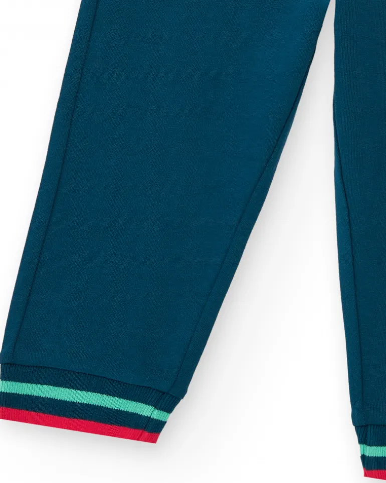 Pantalón de felpa para niño en azul marino con puños a rayas