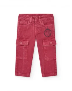 Pantalón de plana para niño en rojo con efecto desgastado y bolsillos