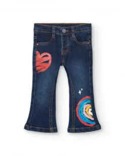 Pantalón denim niña en azul oscuro con ilustraciones creativas colección Big brains