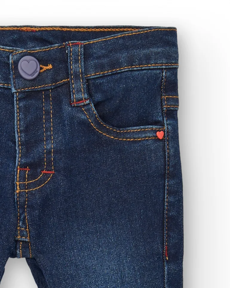 Pantalón denim niña en azul oscuro con ilustraciones creativas colección Big brains