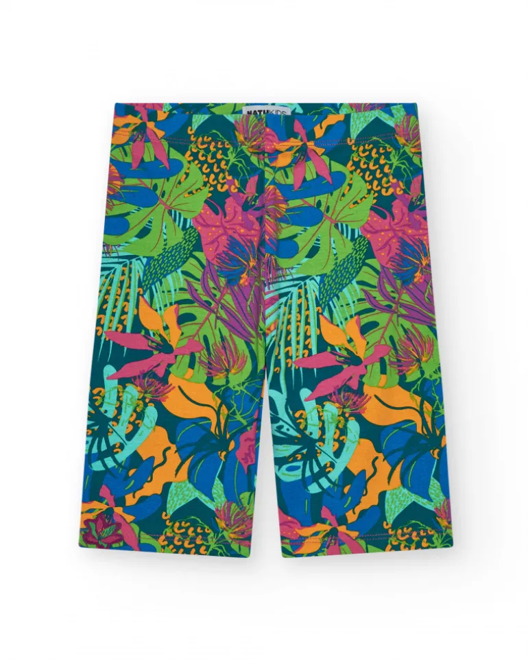 Pantalón para niña con estampado tropical y cintura elástica