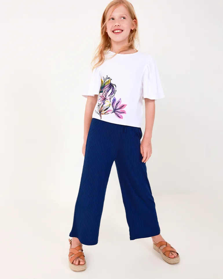 Pantalón para niña en azul con cintura elástica y cordón de ajuste