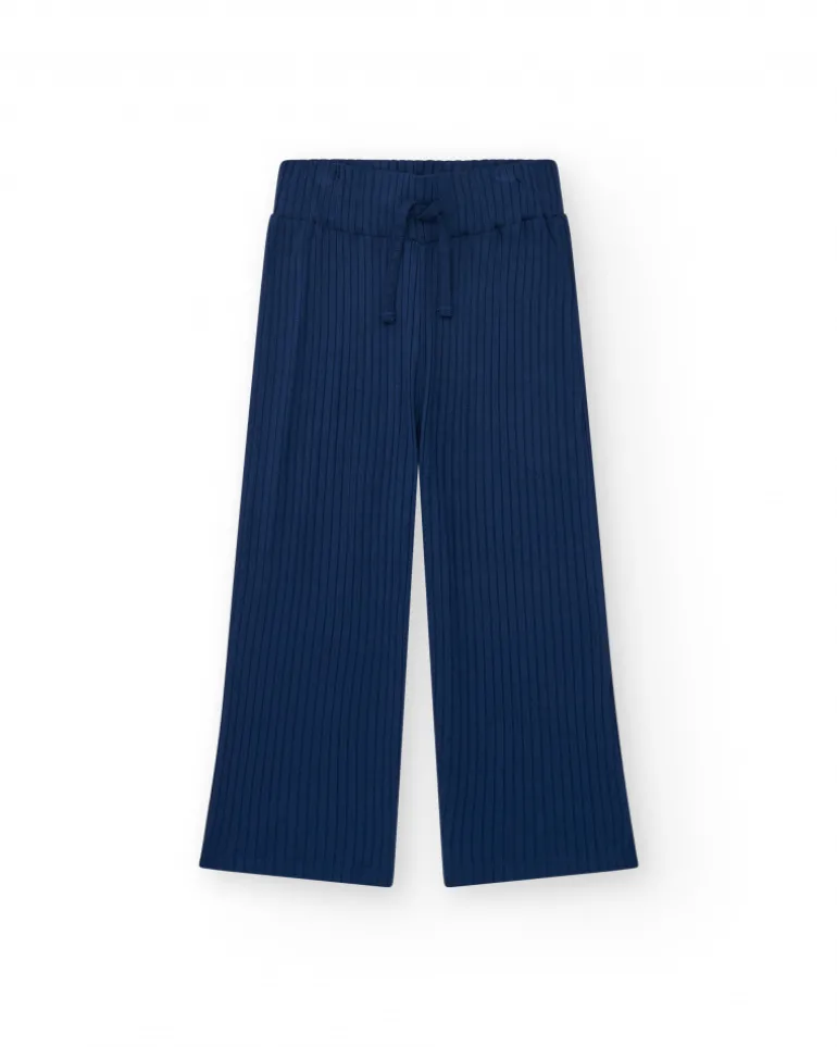 Pantalón para niña en azul con cintura elástica y cordón de ajuste