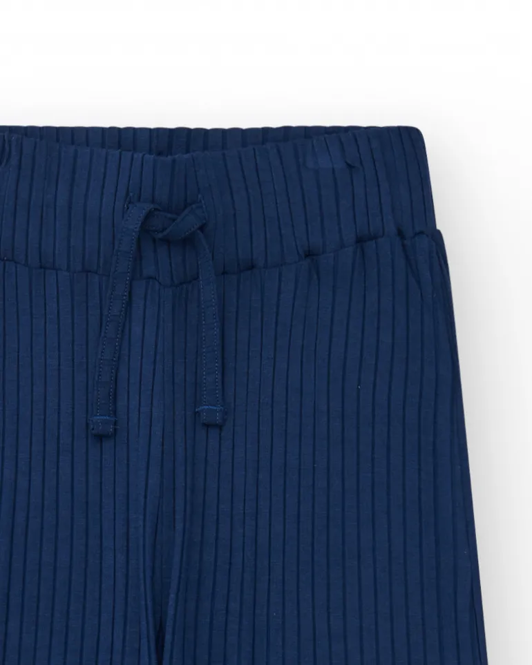 Pantalón para niña en azul con cintura elástica y cordón de ajuste