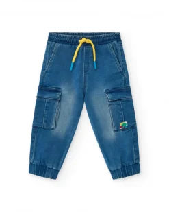 Pantalón plana niño en azul con detalles cargo Happy Garden
