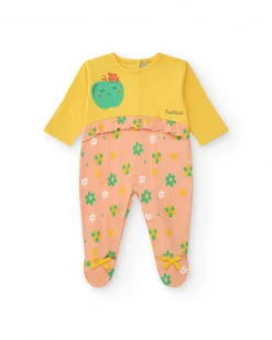Pelele amarillo para niña con manzana bordada y parte rosa floral
