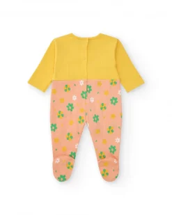 Pelele amarillo para niña con manzana bordada y parte rosa floral