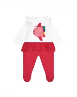 Pelele blanco para niña con aplique de pez y falda de tul roja