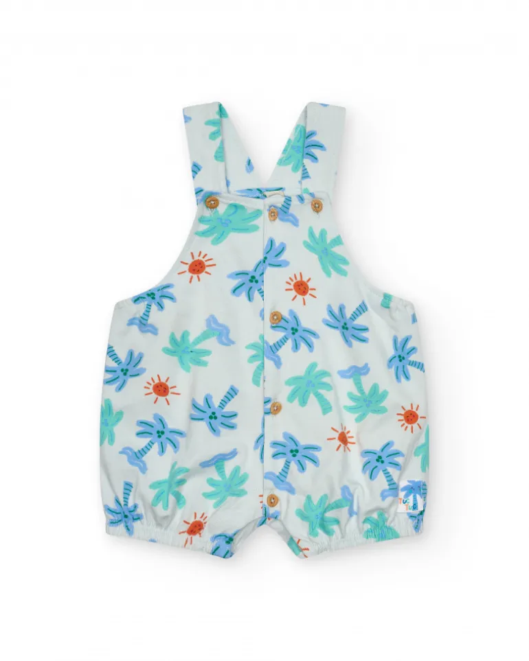 Pelele blanco para niño con estampado de palmeras y soles, tirantes ajustables y botones