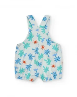 Pelele blanco para niño con estampado de palmeras y soles, tirantes ajustables y botones