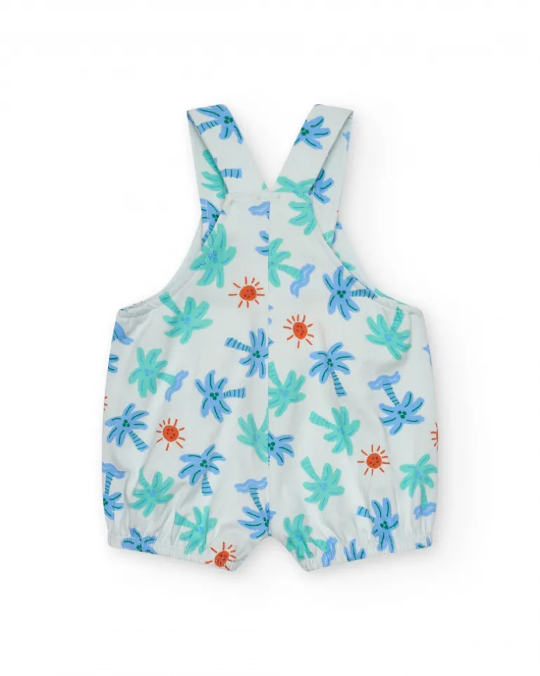 Pelele blanco para niño con estampado de palmeras y soles, tirantes ajustables y botones