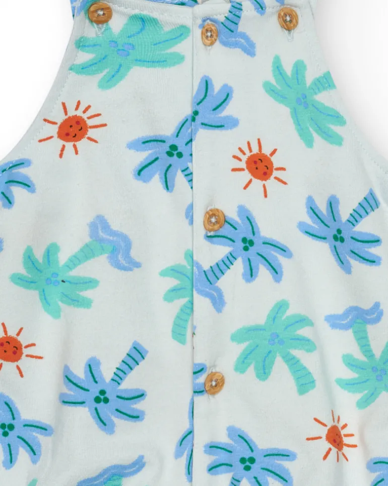 Pelele blanco para niño con estampado de palmeras y soles, tirantes ajustables y botones