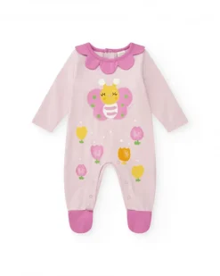 Pelele de punto para niña color rosa con estampado de mariposa
