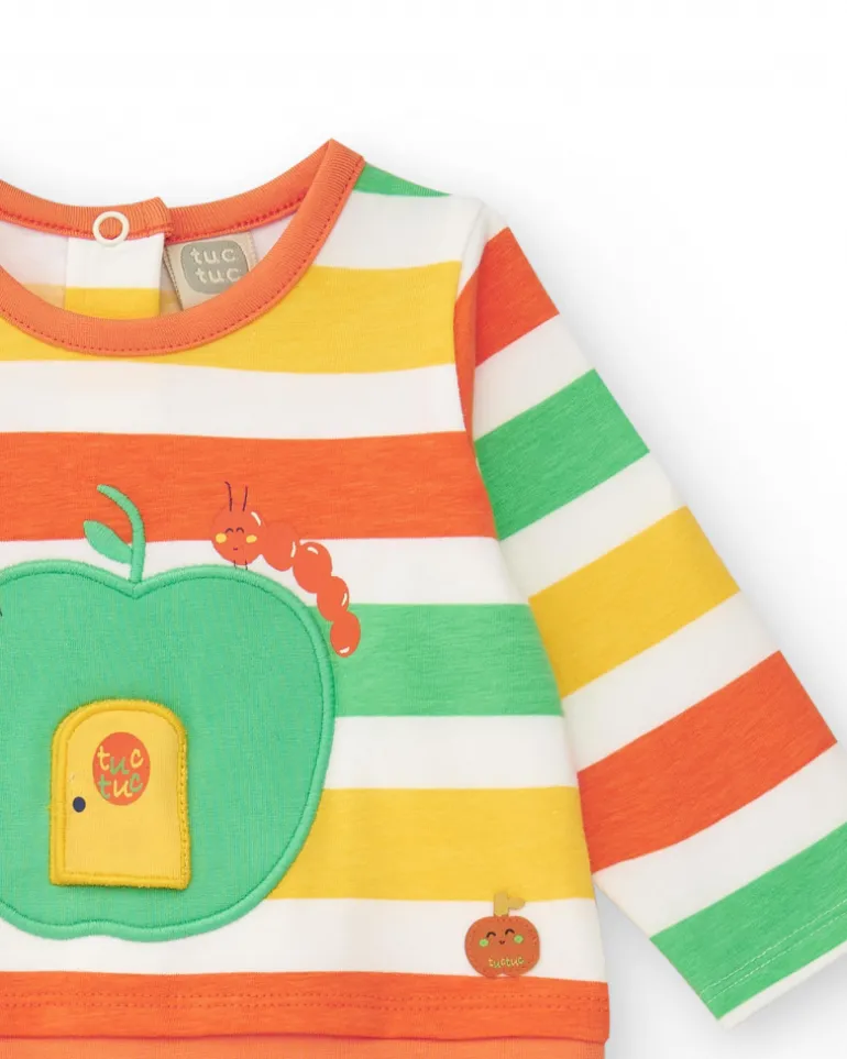 Pelele de punto para niño a rayas con aplique de manzana y cierre a presión