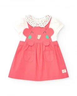 Peto rosa para niña con elefante en relieve y camiseta blanca de lunares