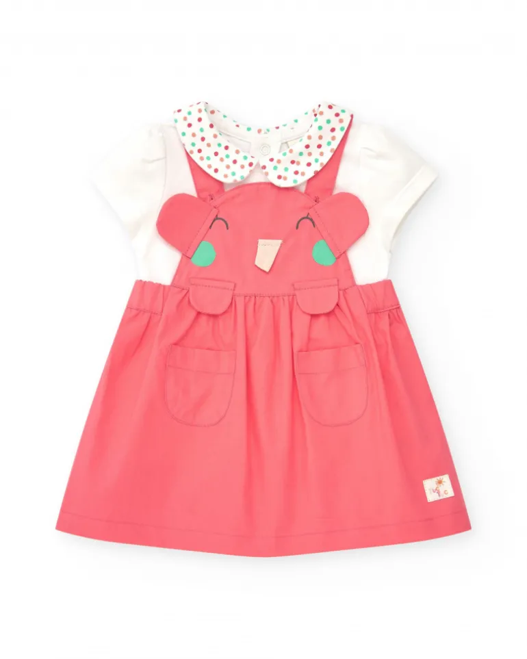 Peto rosa para niña con elefante en relieve y camiseta blanca de lunares