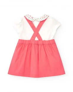 Peto rosa para niña con elefante en relieve y camiseta blanca de lunares