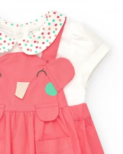 Peto rosa para niña con elefante en relieve y camiseta blanca de lunares