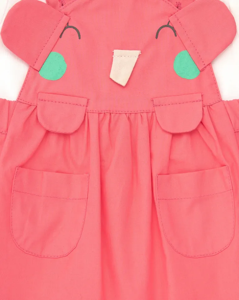 Peto rosa para niña con elefante en relieve y camiseta blanca de lunares