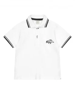 Polo blanco para niño con ribetes negros y bordado de dinosaurio