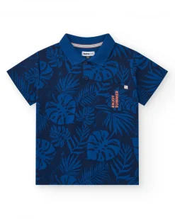 Polo para niño en azul con estampado tropical y bordado