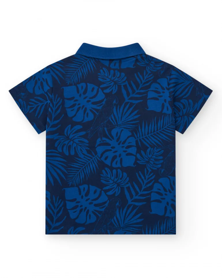Polo para niño en azul con estampado tropical y bordado