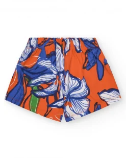 Short para niña en naranja con cintura elástica y estampado floral