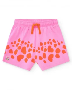 Short rosa para niña con estampado de manchas naranjas y cintura ajustable