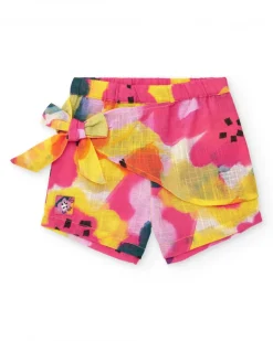 Shorts para niña en fucsia con flores y lazo lateral